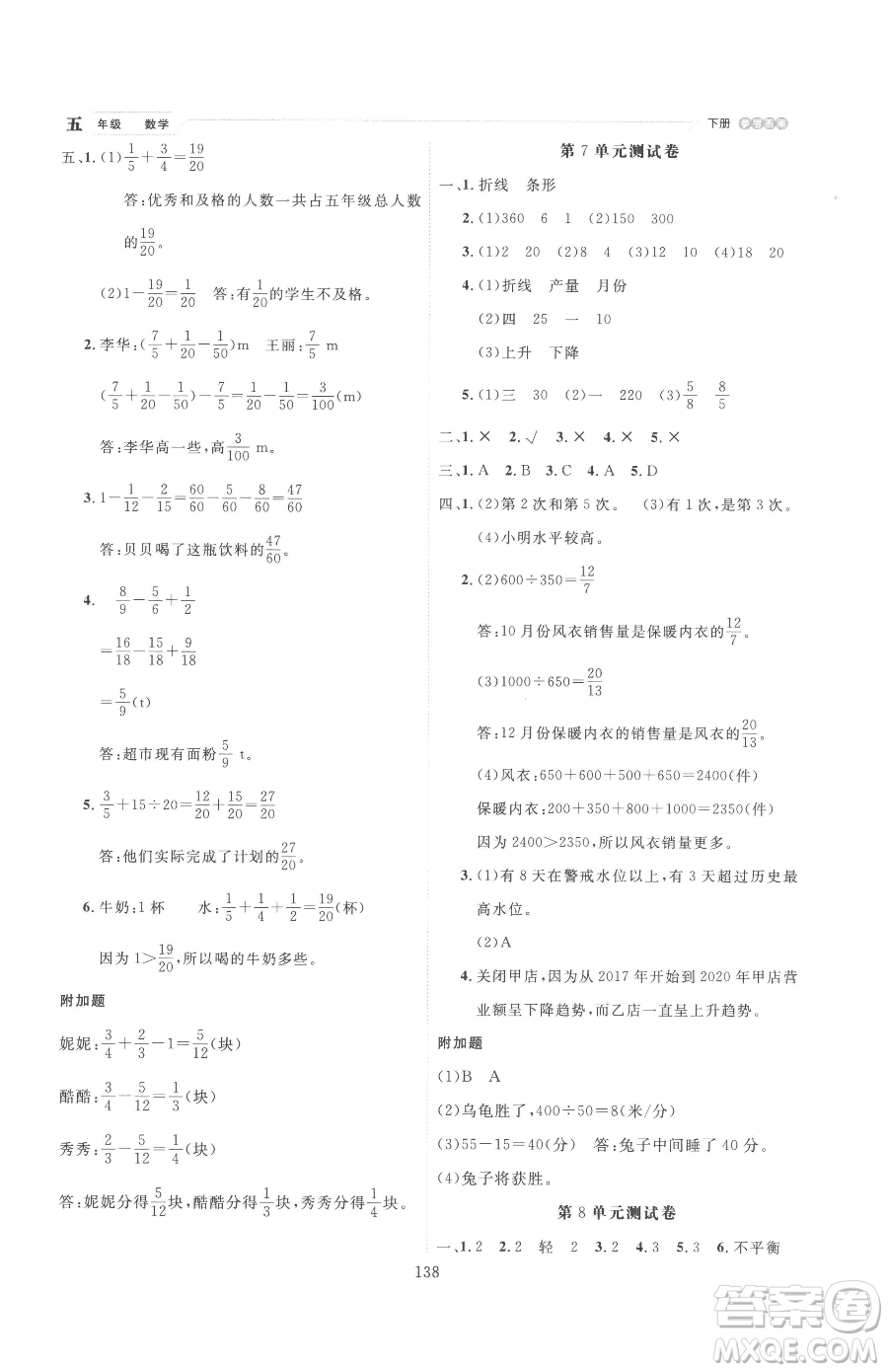 延邊人民出版社2023優(yōu)秀生作業(yè)本五年級下冊數(shù)學(xué)人教版參考答案