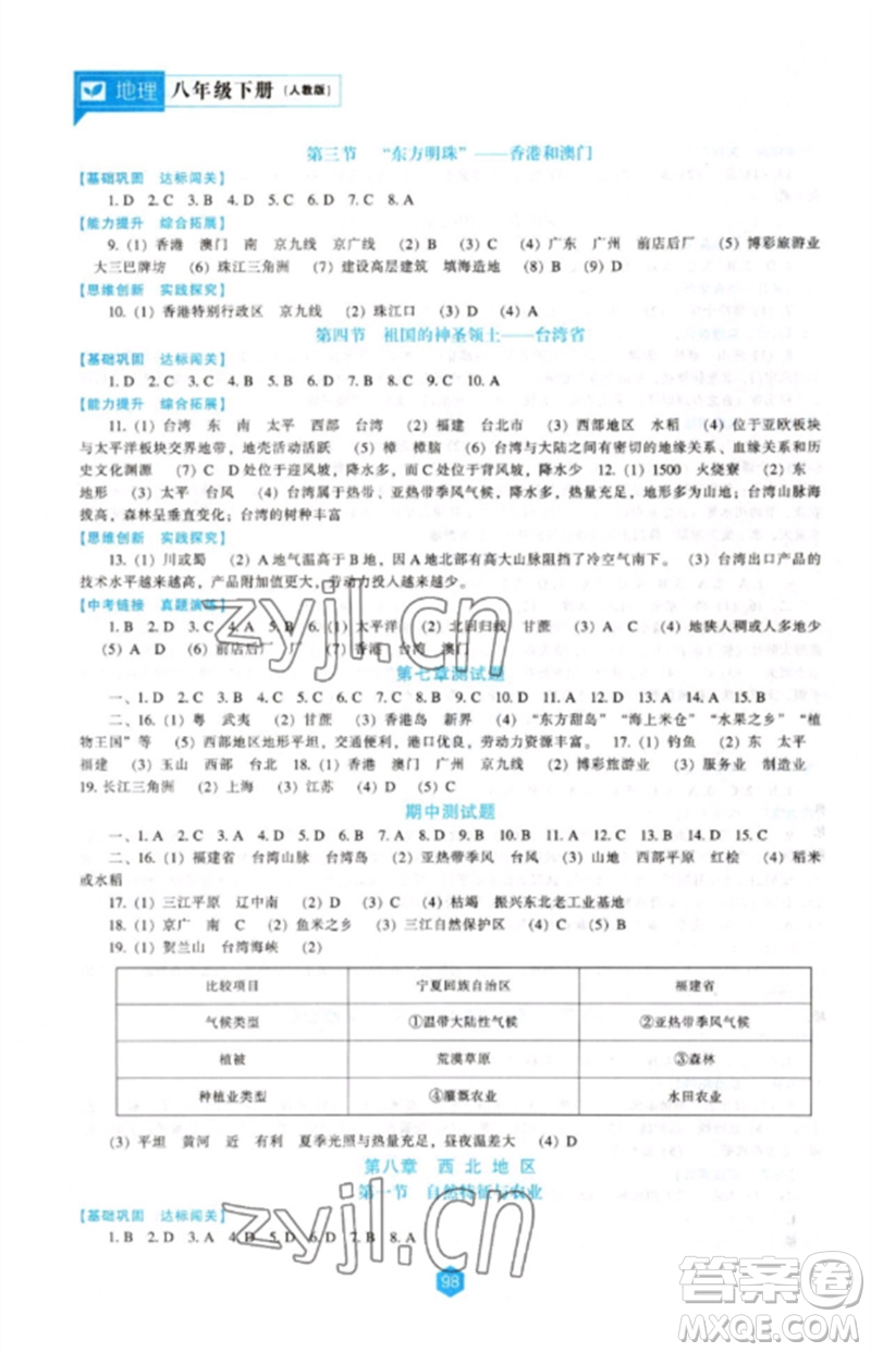 遼海出版社2023新課程地理能力培養(yǎng)八年級(jí)下冊(cè)人教版參考答案