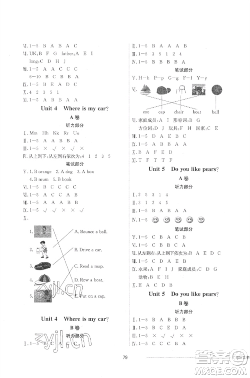 山東科學(xué)技術(shù)出版社2023同步練習(xí)冊配套單元自測卷三年級英語下冊人教版參考答案