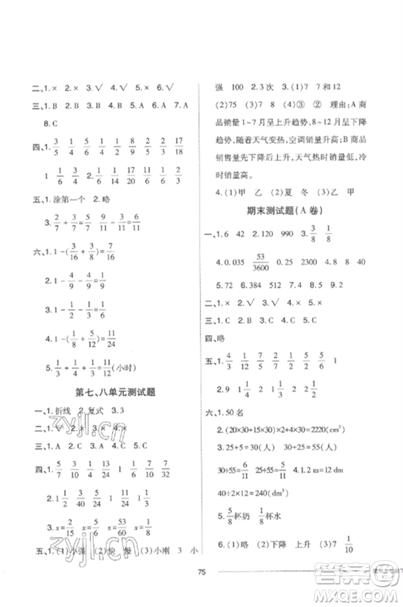 山東科學(xué)技術(shù)出版社2023同步練習(xí)冊配套單元自測卷五年級數(shù)學(xué)下冊人教版參考答案