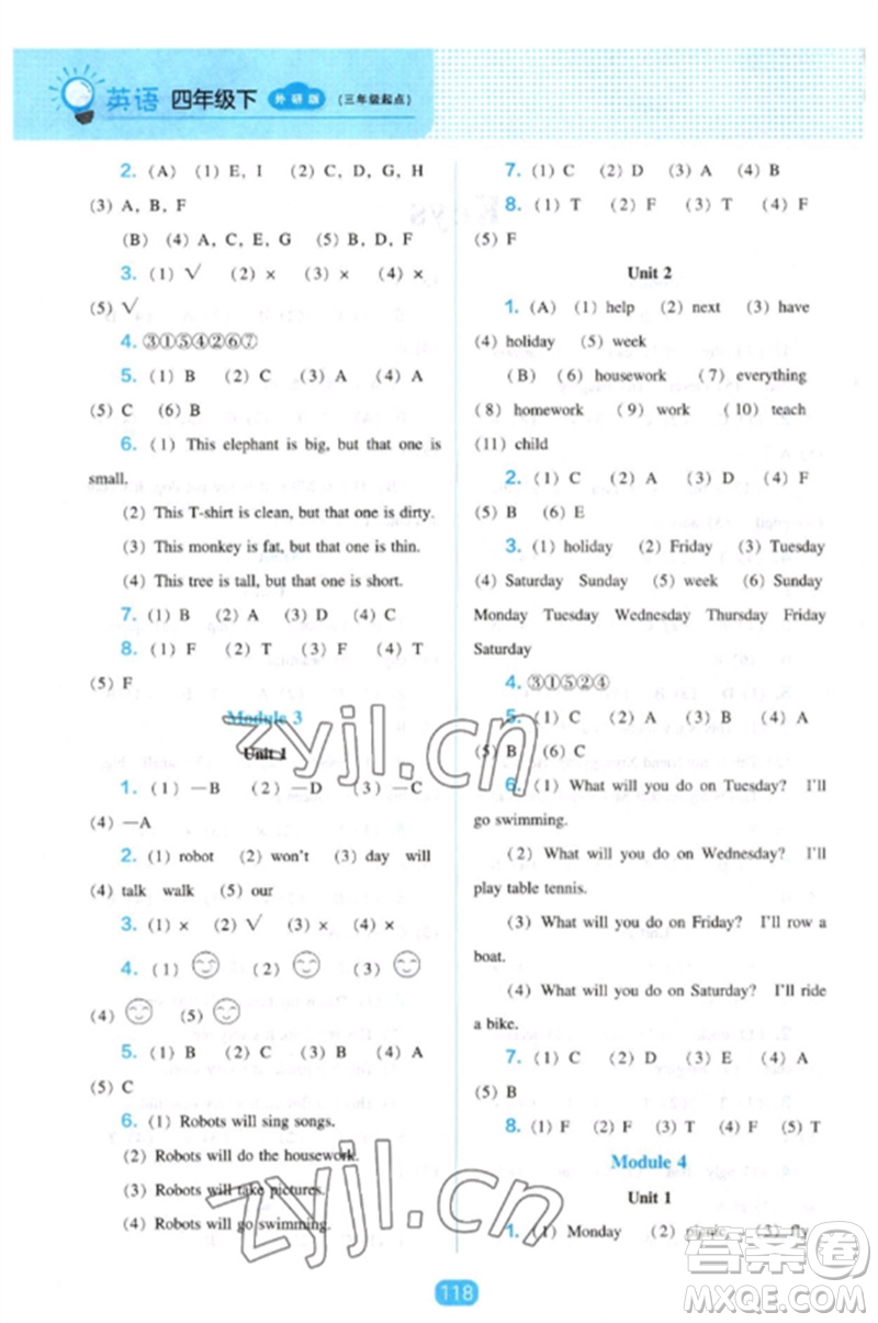 遼海出版社2023新課程能力培養(yǎng)四年級英語下冊三起點外研版參考答案