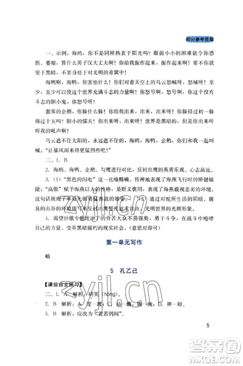 四川教育出版社2023新課程實踐與探究叢書九年級語文下冊人教版參考答案