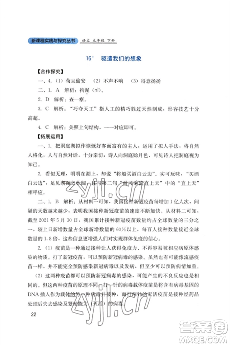 四川教育出版社2023新課程實踐與探究叢書九年級語文下冊人教版參考答案