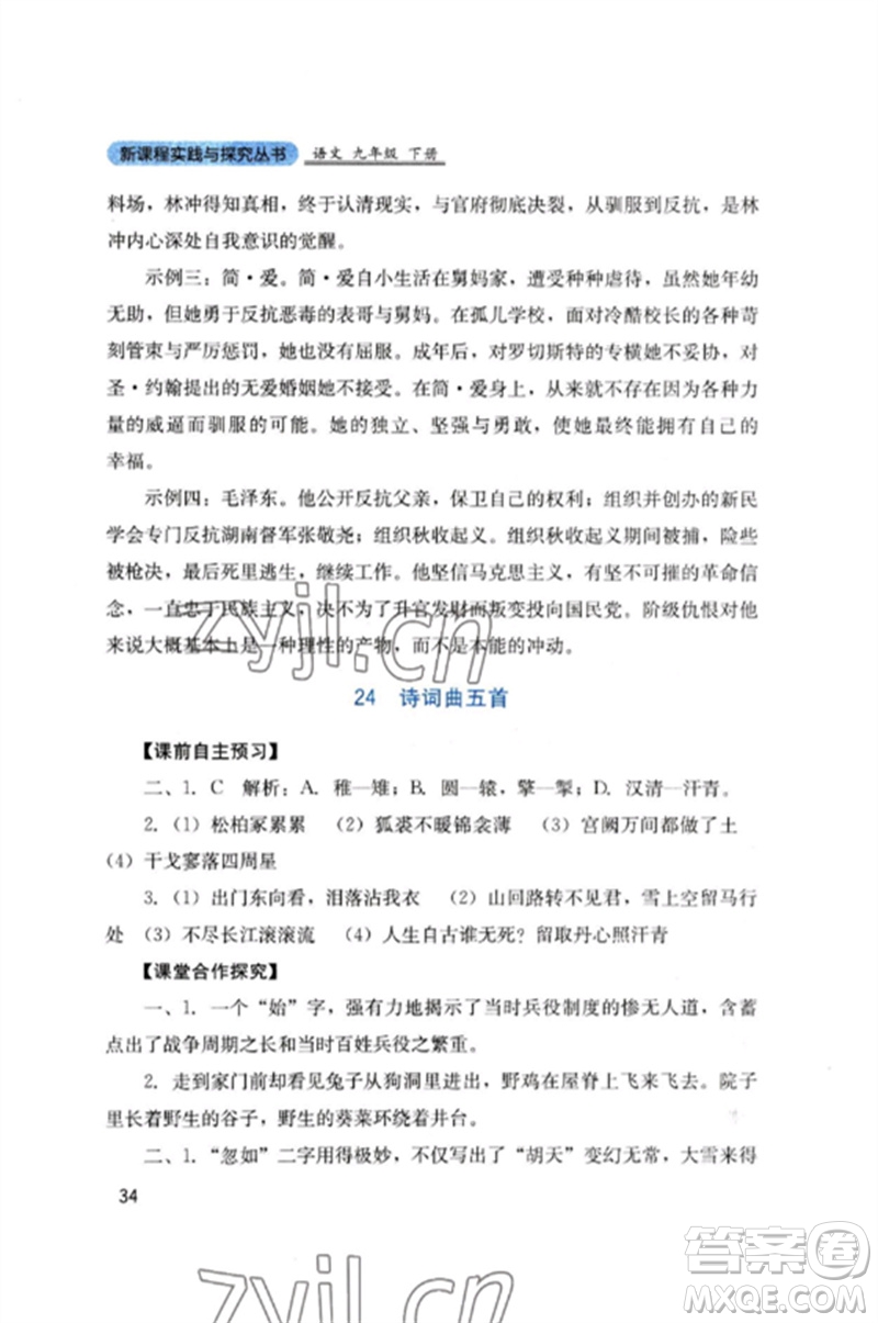 四川教育出版社2023新課程實踐與探究叢書九年級語文下冊人教版參考答案