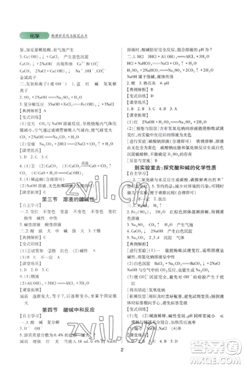 四川教育出版社2023新課程實踐與探究叢書九年級化學下冊魯教版參考答案