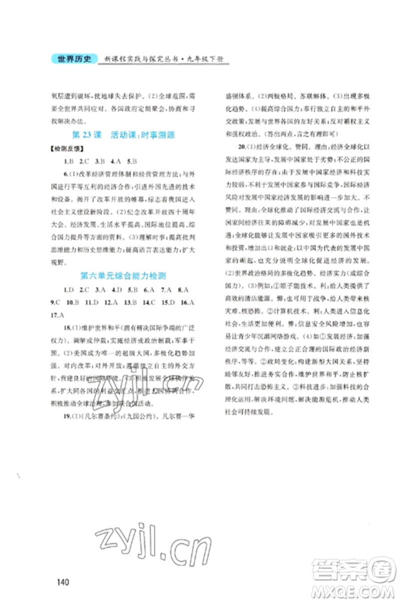 四川教育出版社2023新課程實(shí)踐與探究叢書(shū)九年級(jí)世界歷史下冊(cè)人教版河南專(zhuān)版參考答案