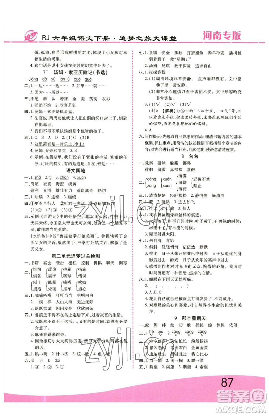 天津科學(xué)技術(shù)出版社2023追夢(mèng)之旅大課堂六年級(jí)下冊(cè)語文人教版河南專版參考答案