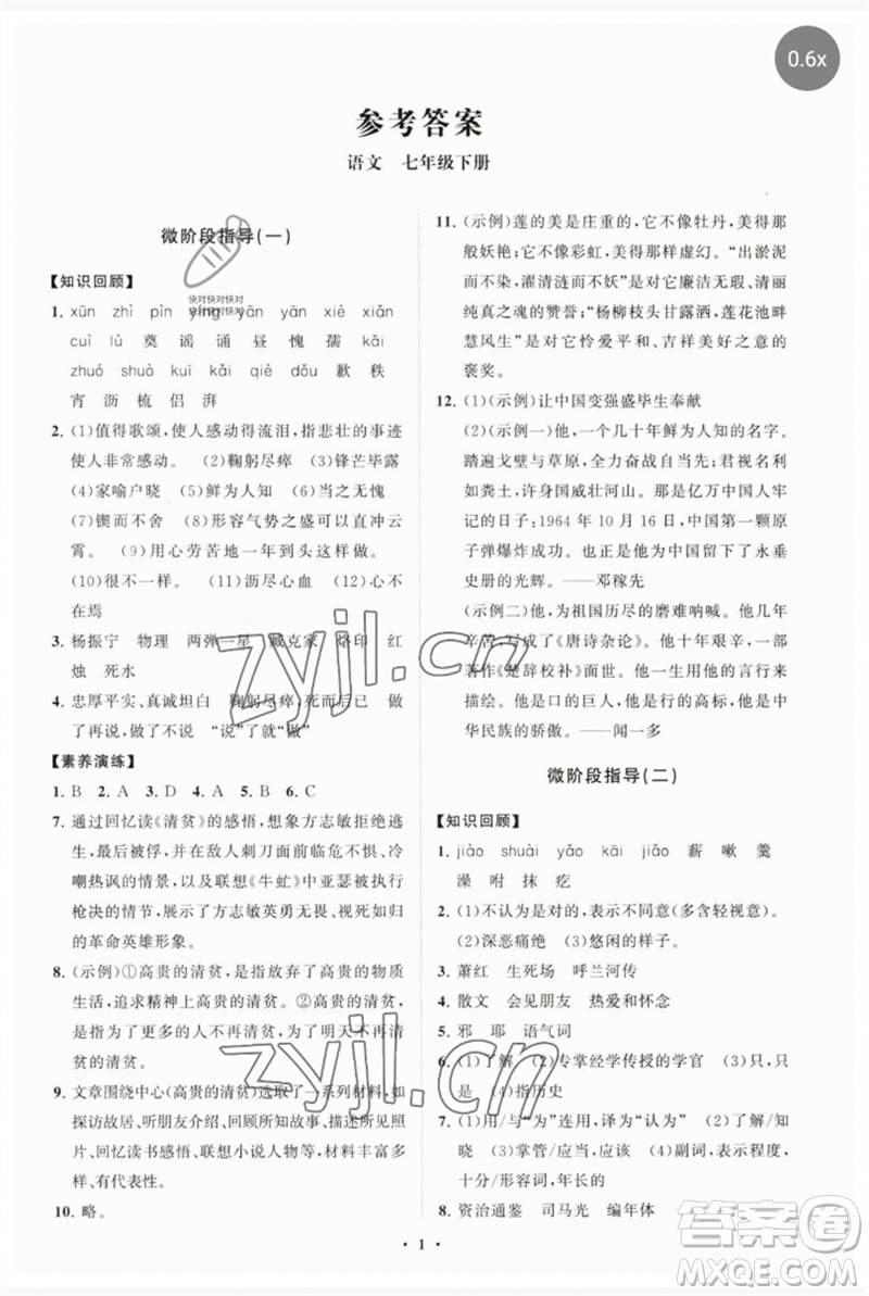 山東教育出版社2023初中同步練習(xí)冊(cè)分層卷七年級(jí)語(yǔ)文下冊(cè)人教版參考答案