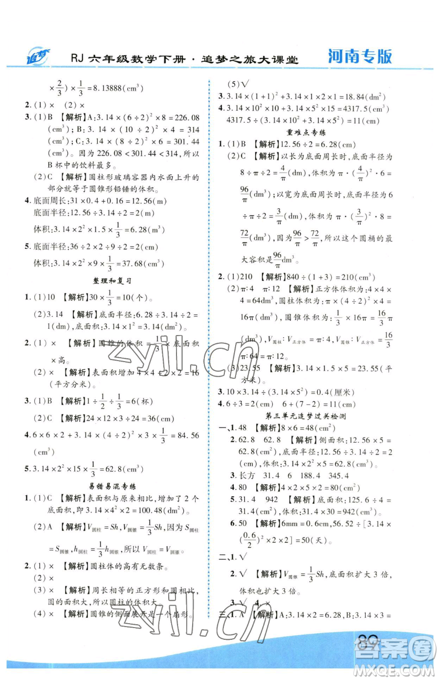 天津科學(xué)技術(shù)出版社2023追夢之旅大課堂六年級下冊數(shù)學(xué)人教版河南專版參考答案