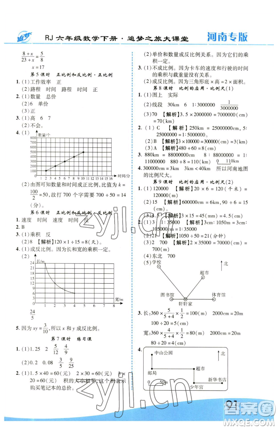 天津科學(xué)技術(shù)出版社2023追夢之旅大課堂六年級下冊數(shù)學(xué)人教版河南專版參考答案