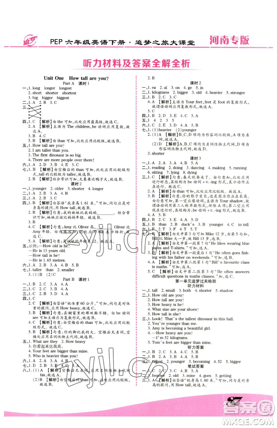 天津科學(xué)技術(shù)出版社2023追夢(mèng)之旅大課堂六年級(jí)下冊(cè)英語(yǔ)人教PEP版河南專版參考答案