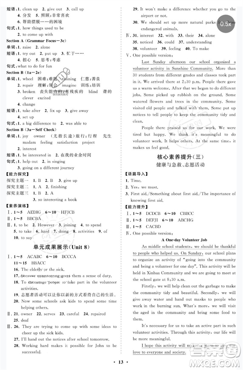 山東教育出版社2023初中同步練習冊分層卷七年級英語下冊魯教版五四制參考答案