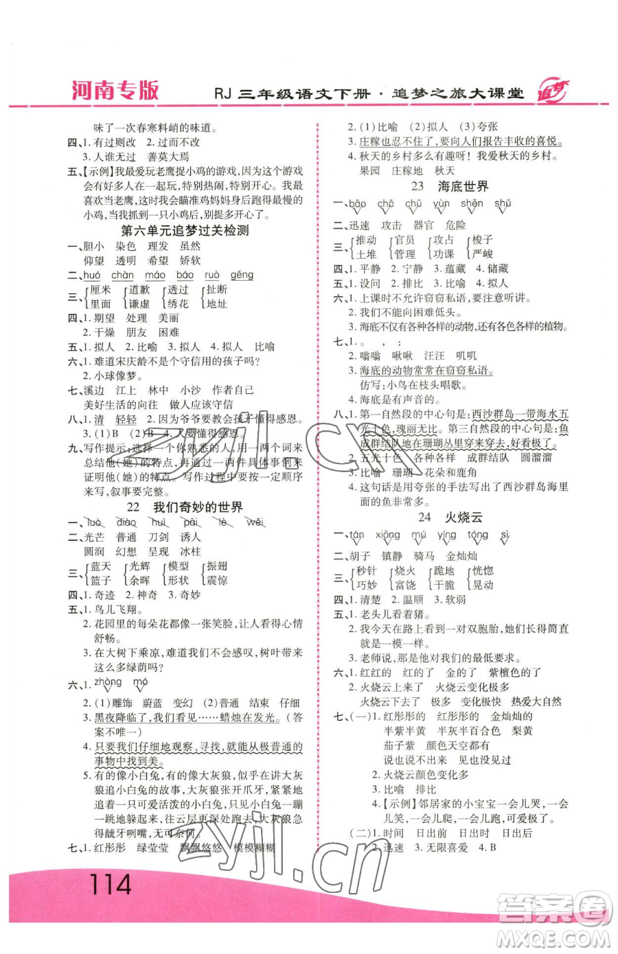 天津科學(xué)技術(shù)出版社2023追夢之旅大課堂三年級下冊語文人教版河南專版參考答案