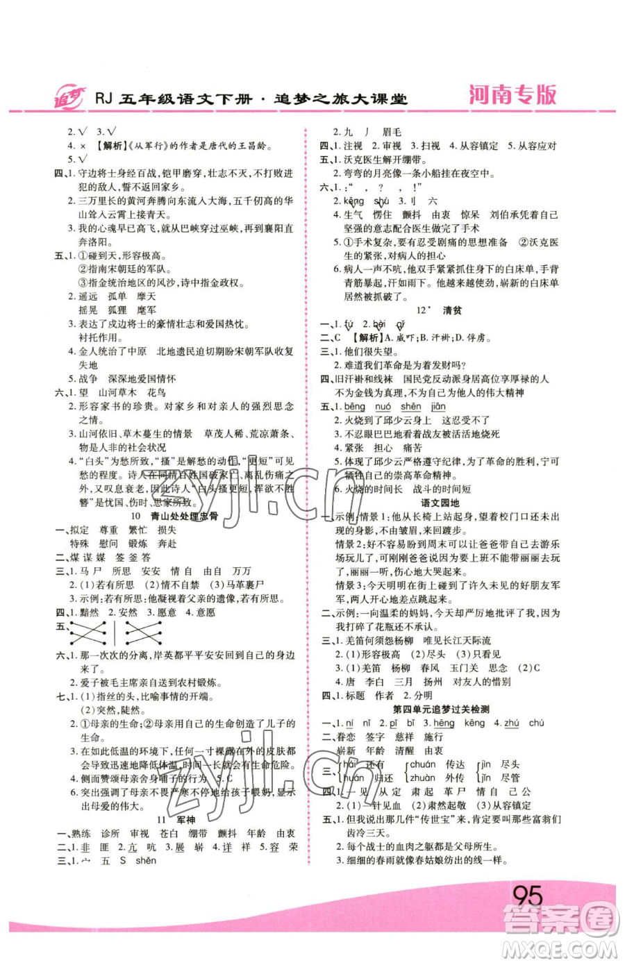 天津科學技術(shù)出版社2023追夢之旅大課堂五年級下冊語文人教版河南專版參考答案