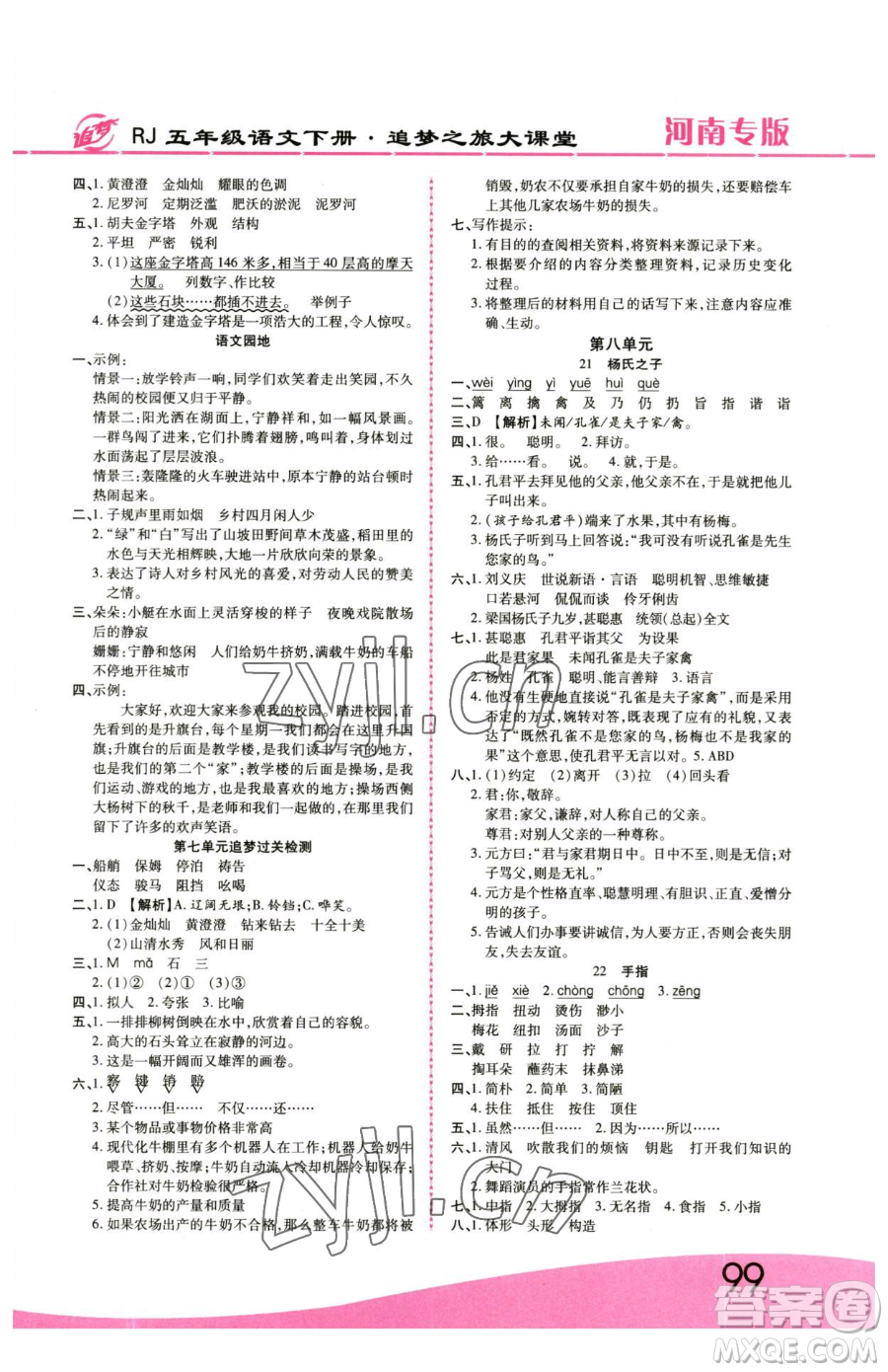 天津科學技術(shù)出版社2023追夢之旅大課堂五年級下冊語文人教版河南專版參考答案