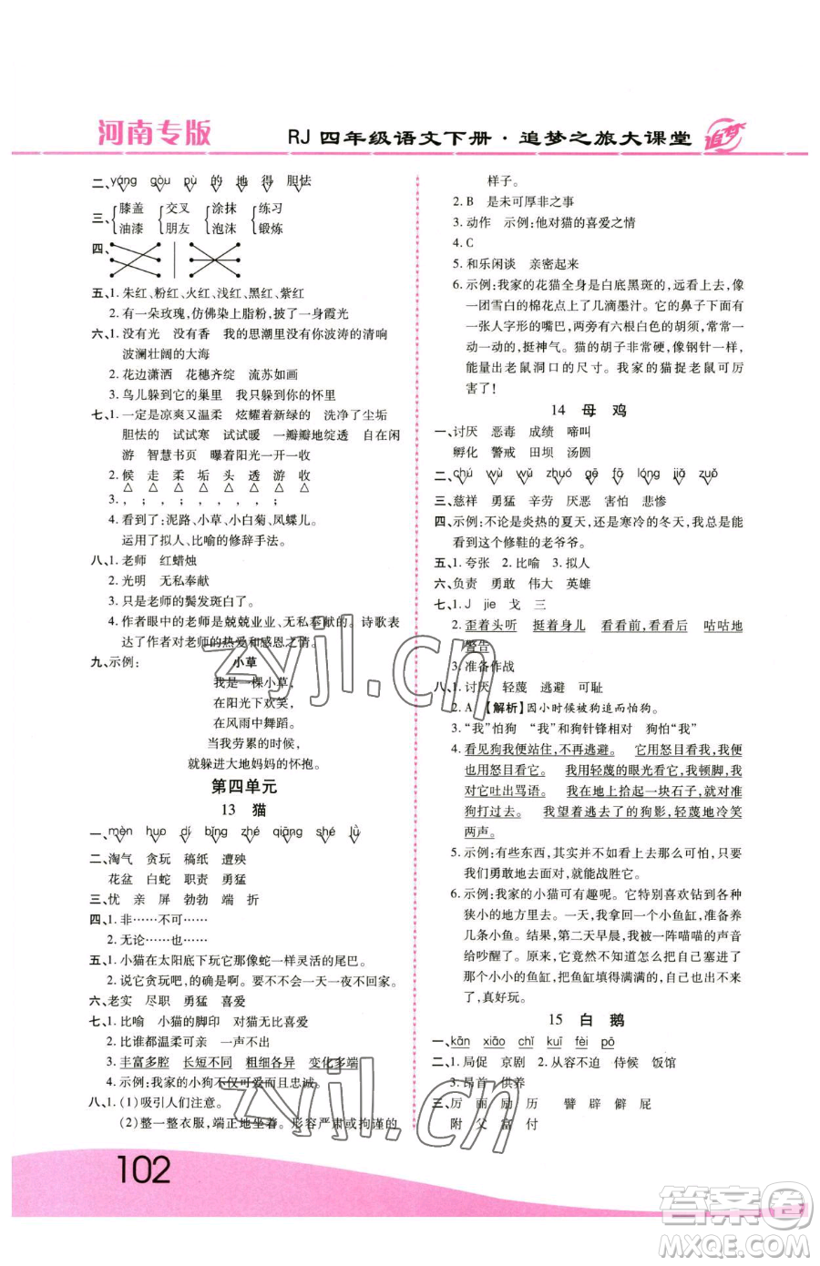 天津科學(xué)技術(shù)出版社2023追夢之旅大課堂四年級下冊語文人教版河南專版參考答案