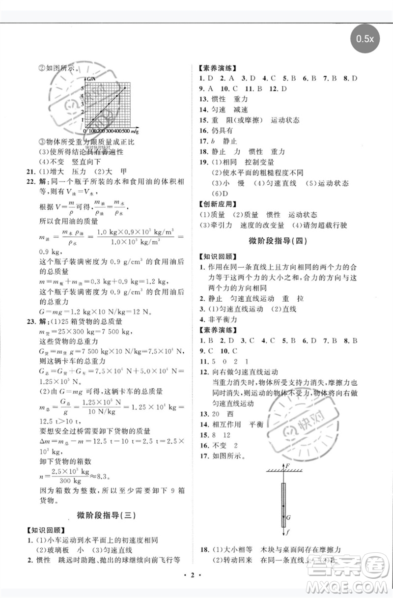 山東教育出版社2023初中同步練習冊分層卷八年級物理下冊教科版參考答案