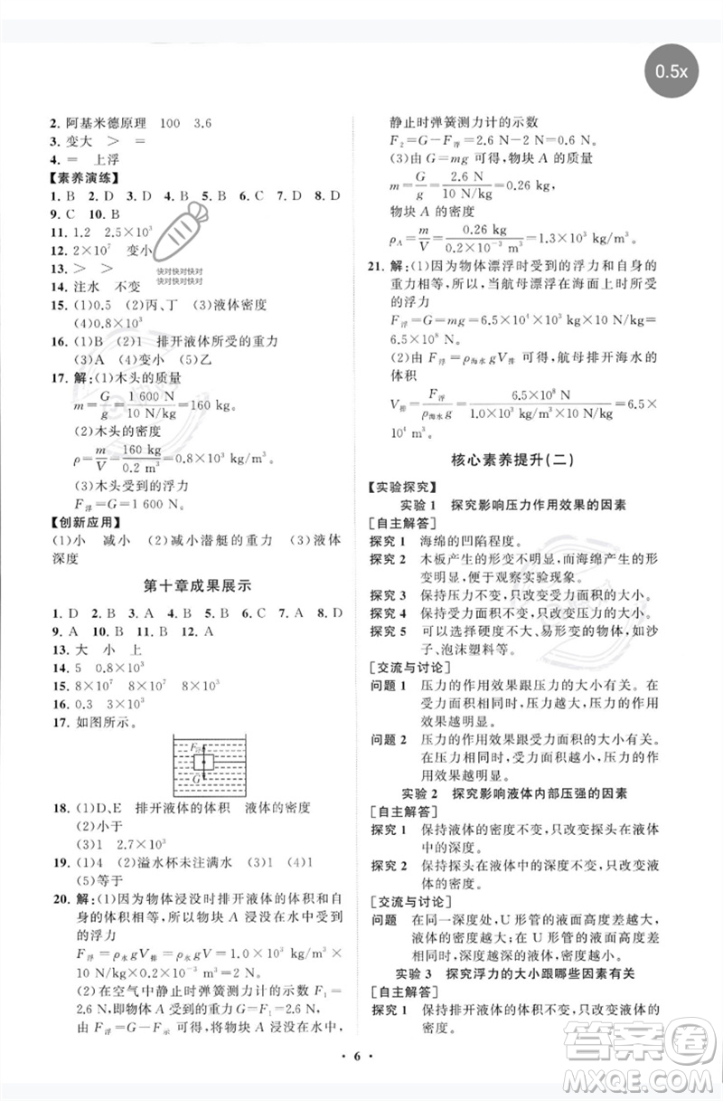 山東教育出版社2023初中同步練習冊分層卷八年級物理下冊教科版參考答案