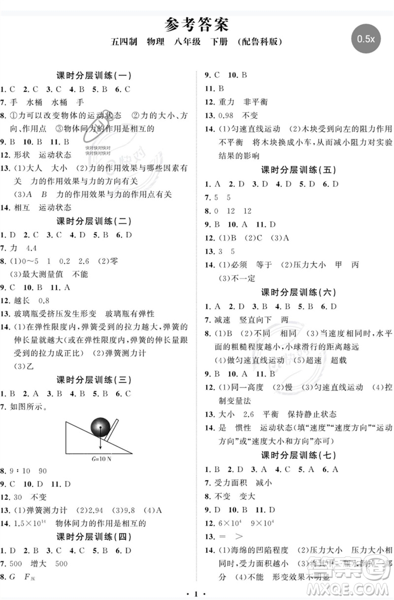 山東教育出版社2023初中同步練習(xí)冊(cè)分層卷八年級(jí)物理下冊(cè)魯科版五四制參考答案