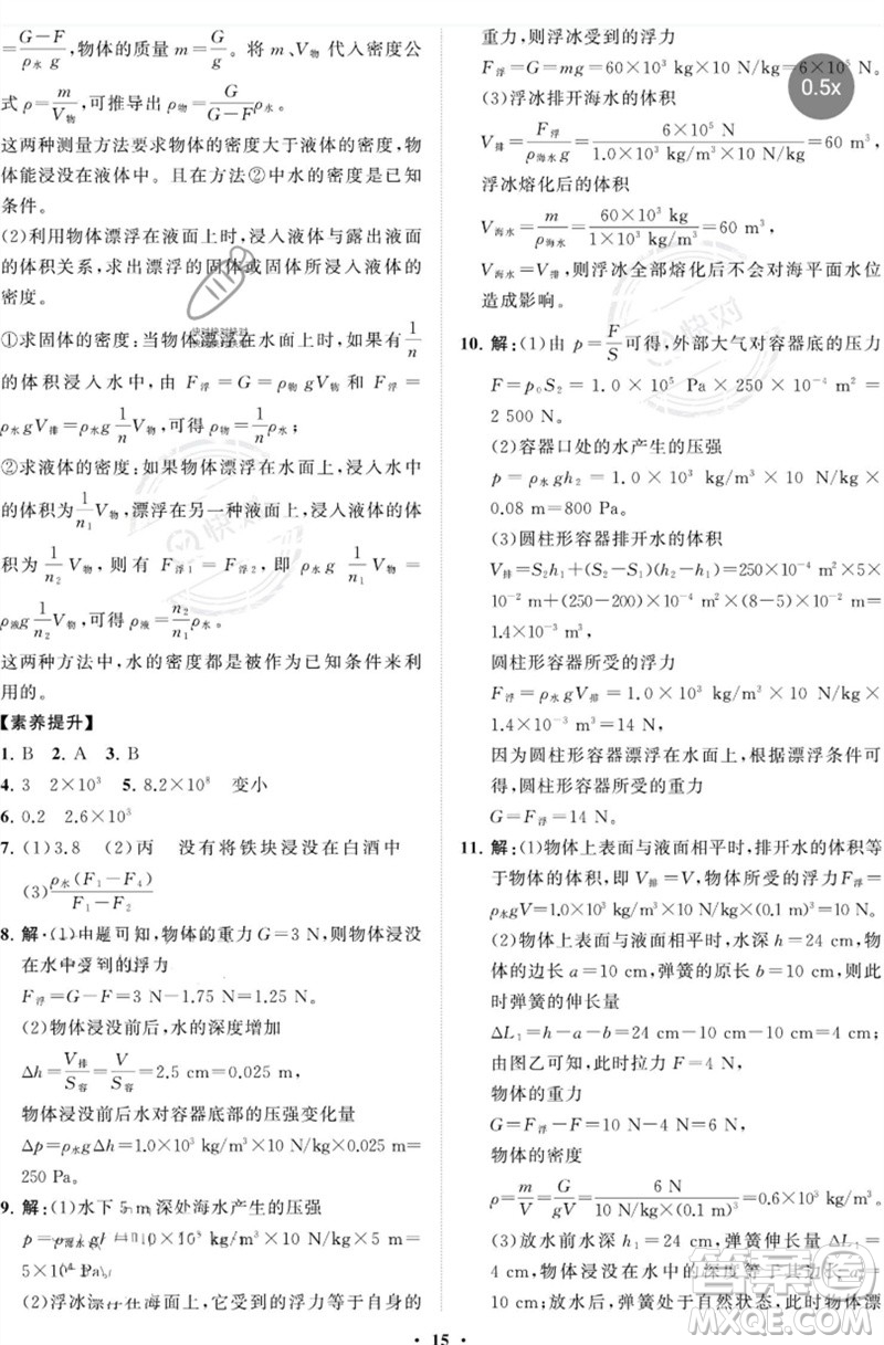 山東教育出版社2023初中同步練習(xí)冊(cè)分層卷八年級(jí)物理下冊(cè)魯科版五四制參考答案