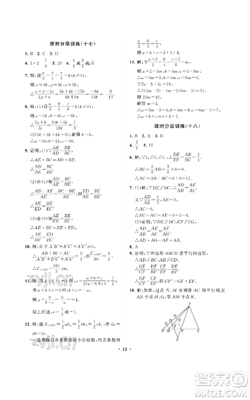 山東教育出版社2023初中同步練習(xí)冊分層卷八年級數(shù)學(xué)下冊魯教版五四制參考答案