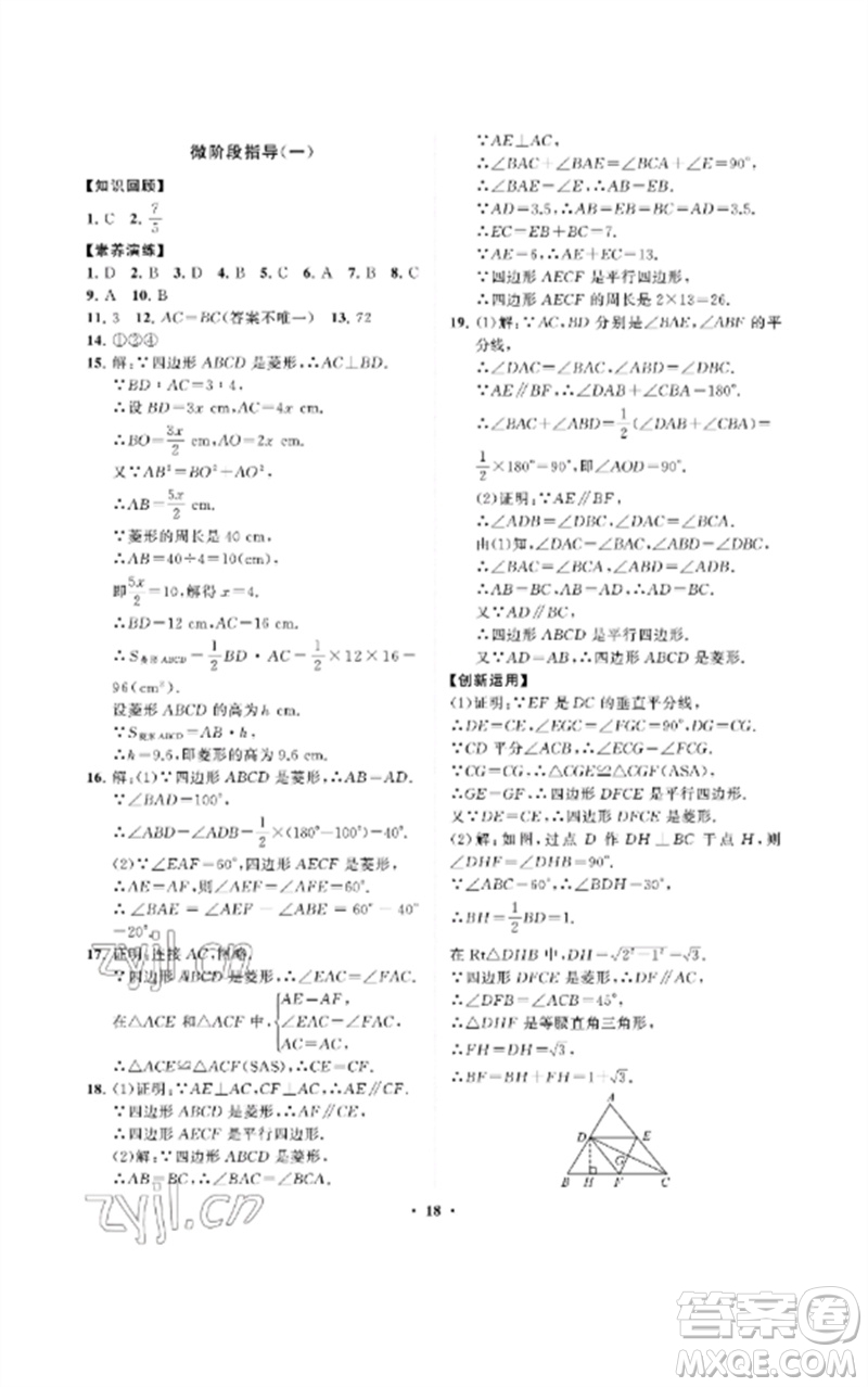 山東教育出版社2023初中同步練習(xí)冊分層卷八年級數(shù)學(xué)下冊魯教版五四制參考答案