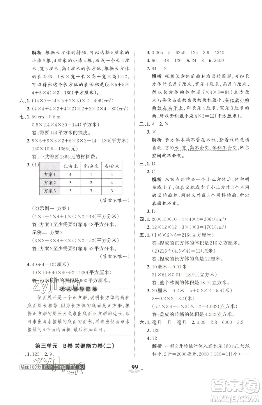 江西人民出版社2023王朝霞培優(yōu)100分五年級下冊數(shù)學(xué)人教版參考答案