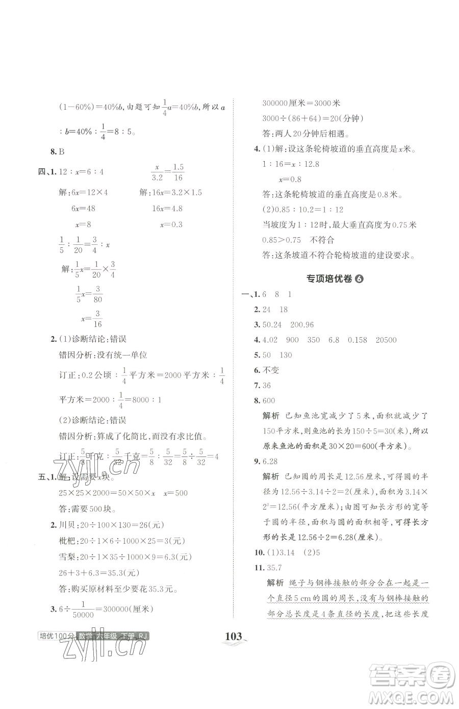 江西人民出版社2023王朝霞培優(yōu)100分六年級下冊數(shù)學(xué)人教版參考答案