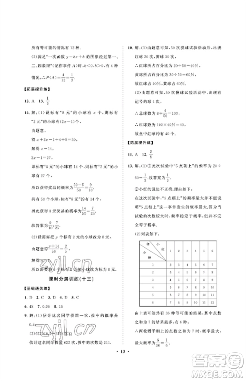 山東教育出版社2023初中同步練習(xí)冊分層卷九年級數(shù)學(xué)下冊魯教版五四制參考答案