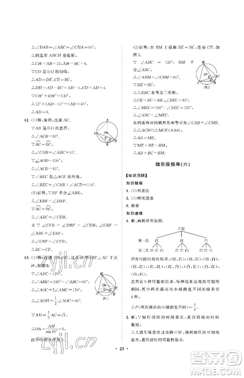 山東教育出版社2023初中同步練習(xí)冊分層卷九年級數(shù)學(xué)下冊魯教版五四制參考答案