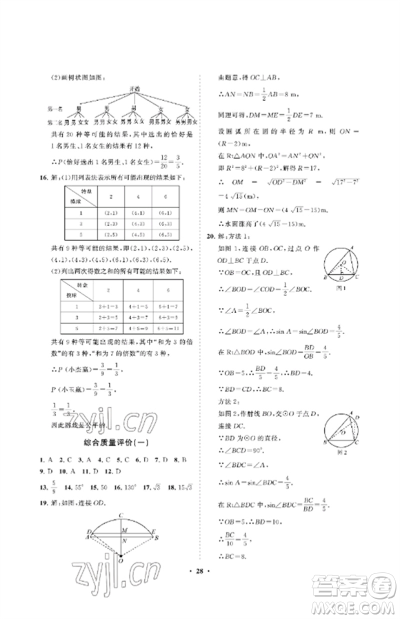 山東教育出版社2023初中同步練習(xí)冊分層卷九年級數(shù)學(xué)下冊魯教版五四制參考答案