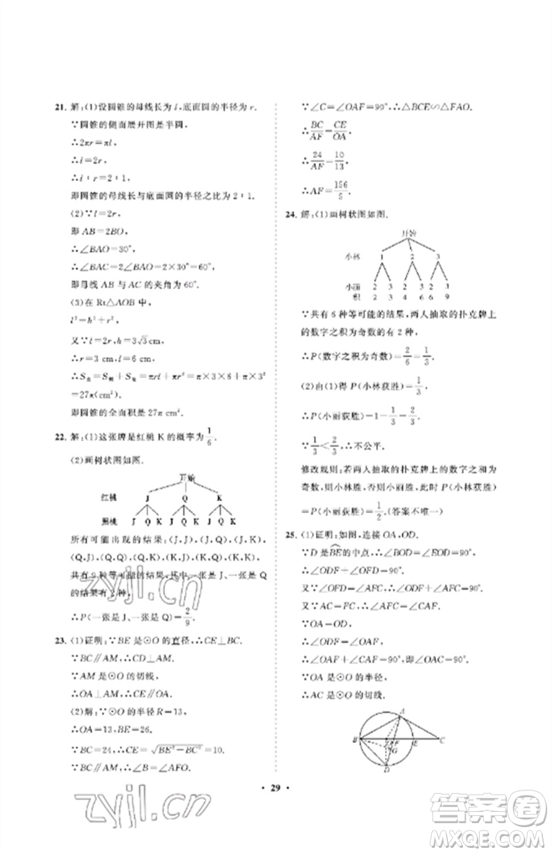 山東教育出版社2023初中同步練習(xí)冊分層卷九年級數(shù)學(xué)下冊魯教版五四制參考答案