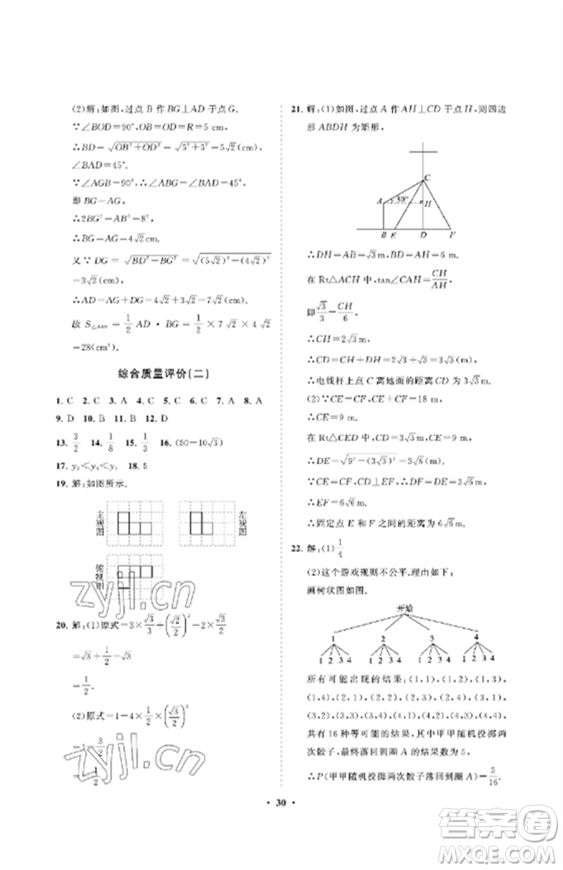 山東教育出版社2023初中同步練習(xí)冊分層卷九年級數(shù)學(xué)下冊魯教版五四制參考答案