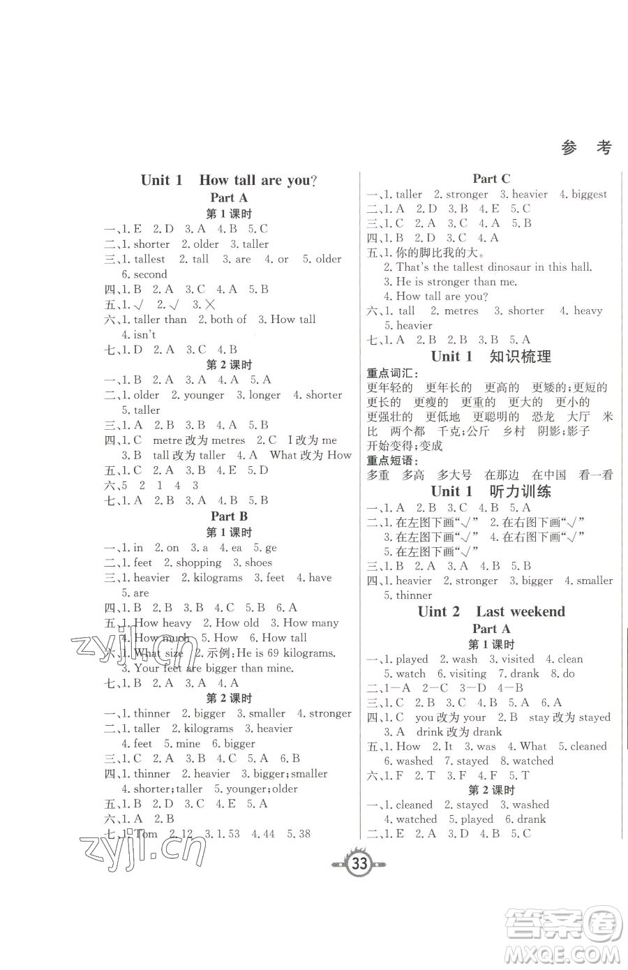 西安出版社2023創(chuàng)新課課練作業(yè)本六年級(jí)下冊(cè)英語(yǔ)人教PEP版參考答案