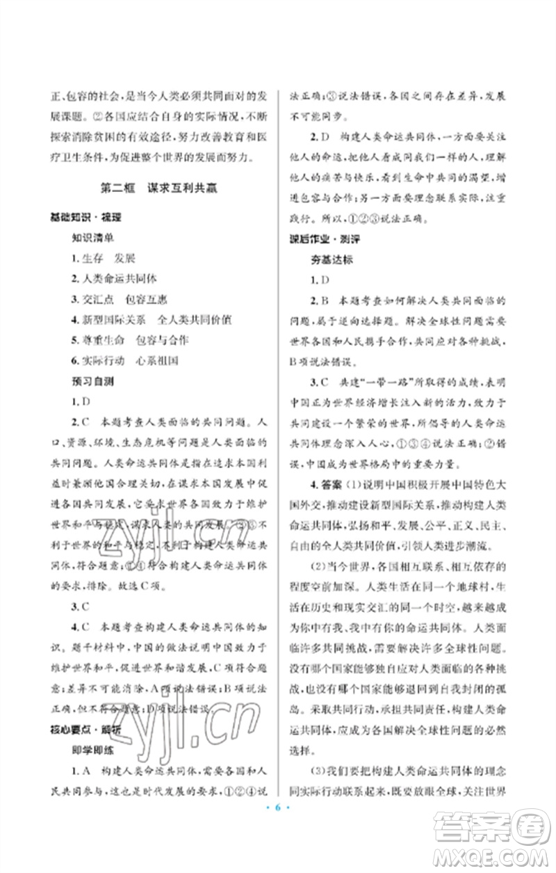 人民教育出版社2023人教金學典同步解析與測評學考練九年級道德與法治下冊人教版江蘇專版參考答案