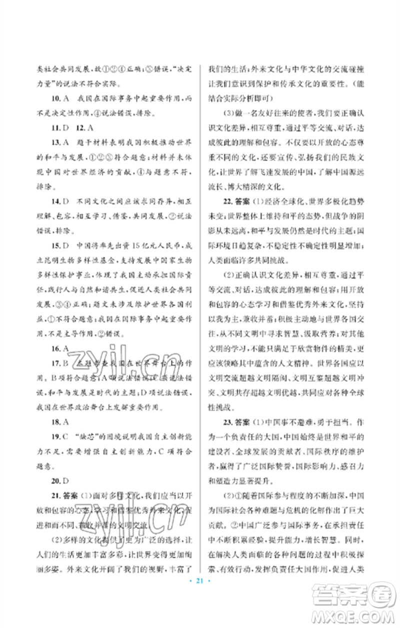 人民教育出版社2023人教金學典同步解析與測評學考練九年級道德與法治下冊人教版江蘇專版參考答案