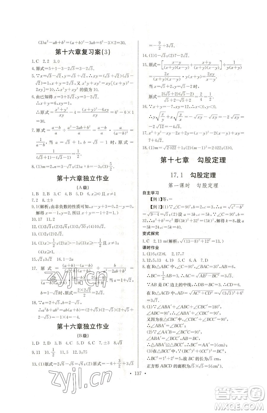 長江少年兒童出版社2023長江全能學(xué)案同步練習(xí)冊(cè)八年級(jí)下冊(cè)數(shù)學(xué)人教版參考答案