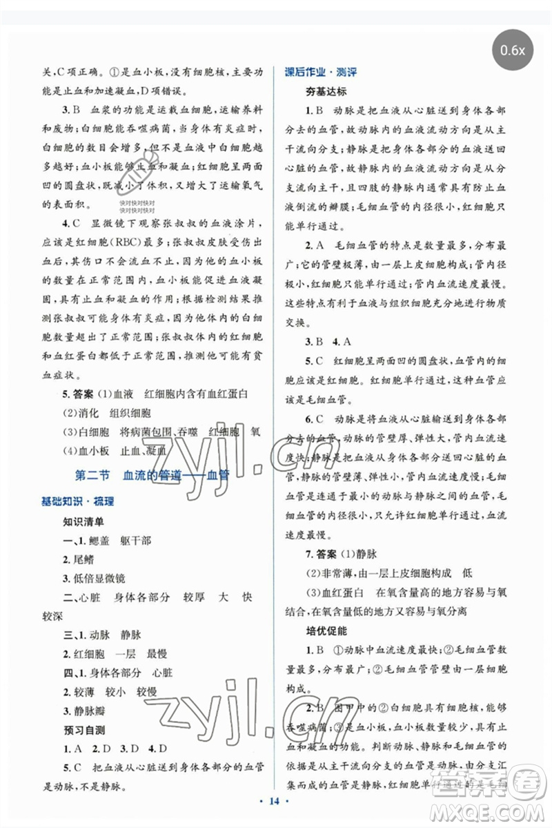 人民教育出版社2023人教金學(xué)典同步解析與測評(píng)學(xué)考練七年級(jí)生物下冊(cè)人教版參考答案