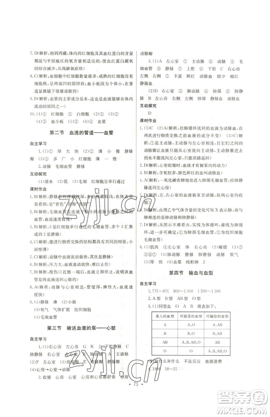 崇文書局2023長江全能學(xué)案同步練習(xí)冊七年級下冊生物人教版參考答案