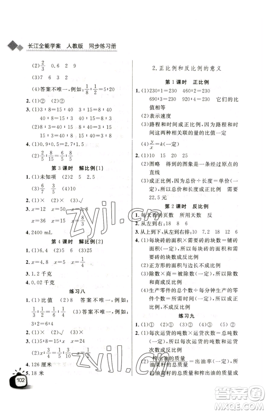 長(zhǎng)江少年兒童出版社2023長(zhǎng)江全能學(xué)案同步練習(xí)冊(cè)六年級(jí)下冊(cè)數(shù)學(xué)人教版參考答案