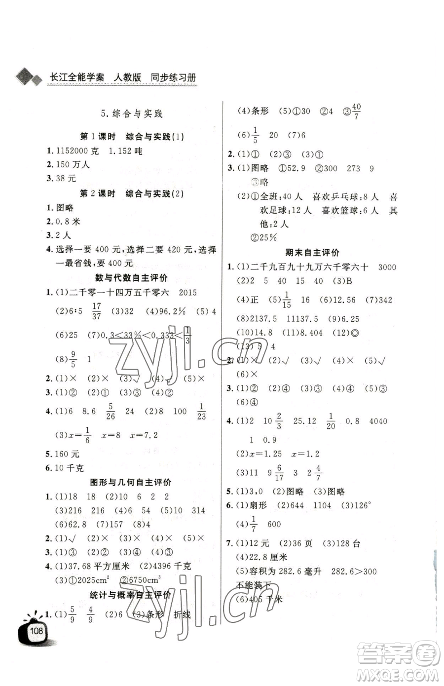 長(zhǎng)江少年兒童出版社2023長(zhǎng)江全能學(xué)案同步練習(xí)冊(cè)六年級(jí)下冊(cè)數(shù)學(xué)人教版參考答案