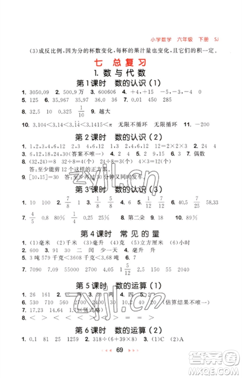 首都師范大學(xué)出版社2023年春53隨堂測六年級數(shù)學(xué)下冊蘇教版參考答案