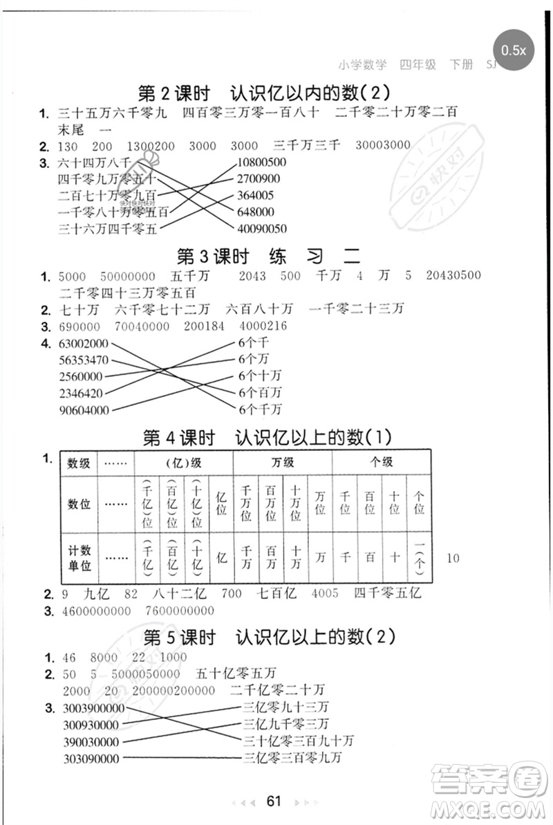 首都師范大學出版社2023年春53隨堂測四年級數(shù)學下冊蘇教版參考答案