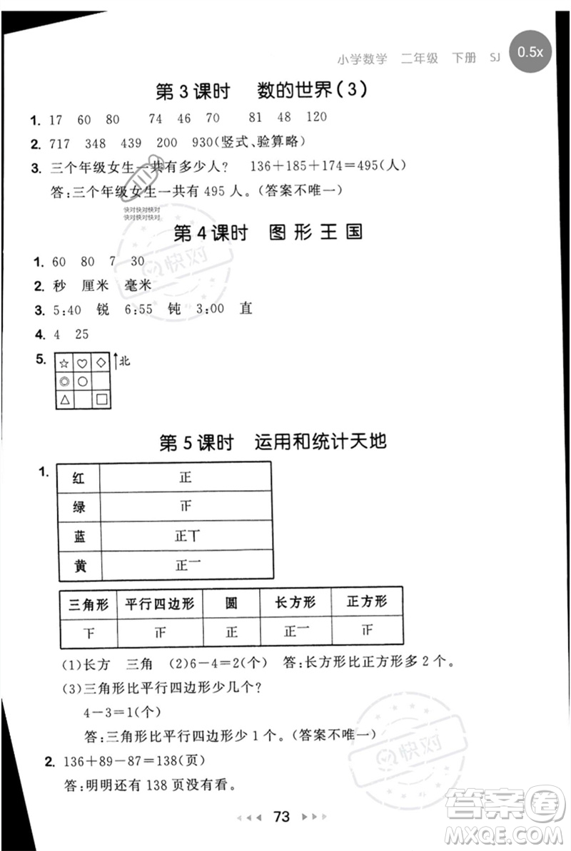 首都師范大學(xué)出版社2023年春53隨堂測二年級數(shù)學(xué)下冊蘇教版參考答案