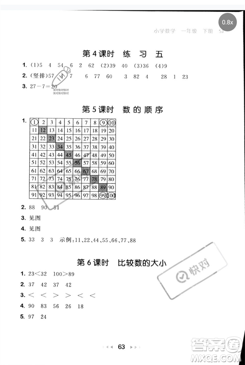 首都師范大學(xué)出版社2023年春53隨堂測一年級數(shù)學(xué)下冊蘇教版參考答案