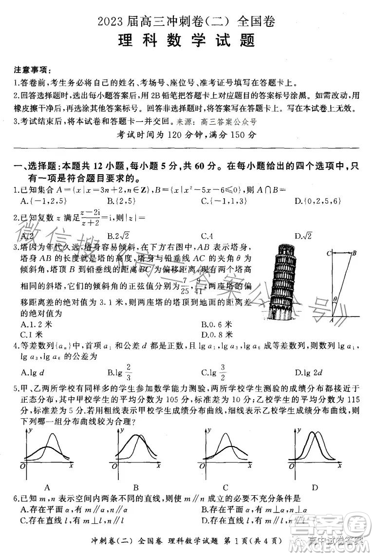 百師聯(lián)盟2023屆高三沖刺卷二全國(guó)卷理科數(shù)學(xué)試題答案