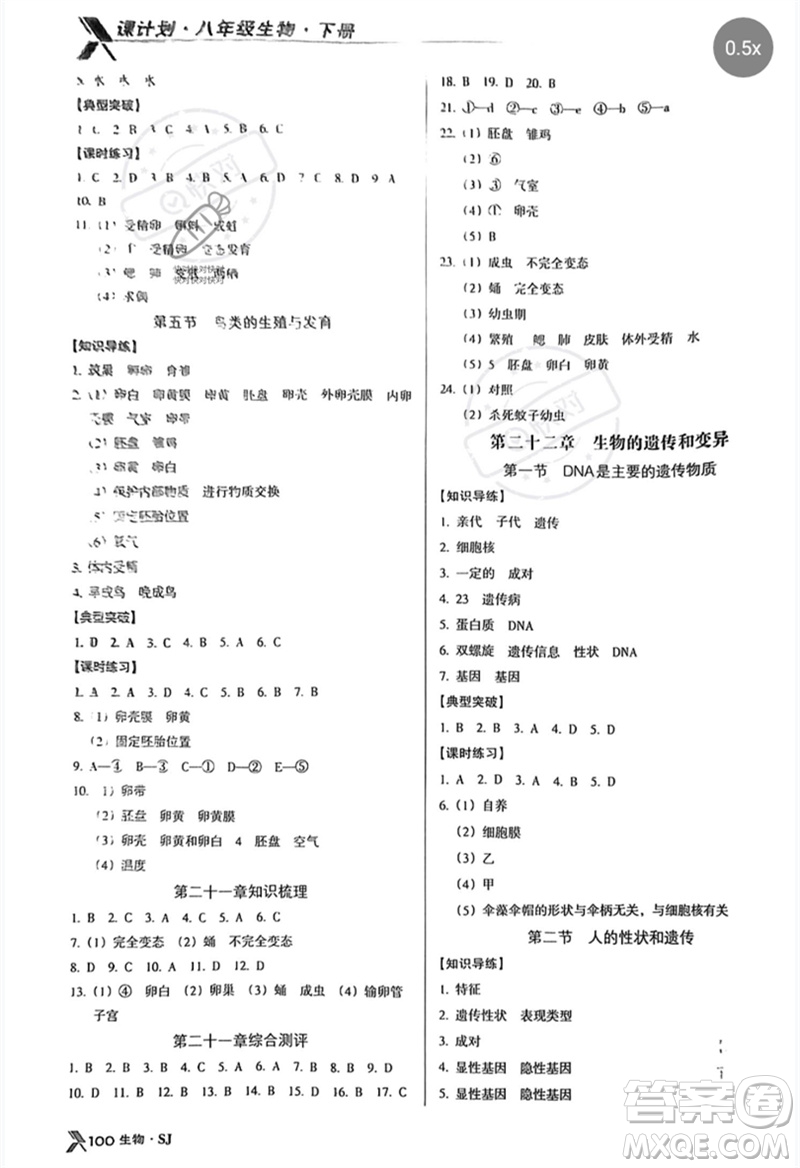 廣東經(jīng)濟(jì)出版社2023全優(yōu)點(diǎn)練課計(jì)劃八年級(jí)生物下冊(cè)蘇教版參考答案