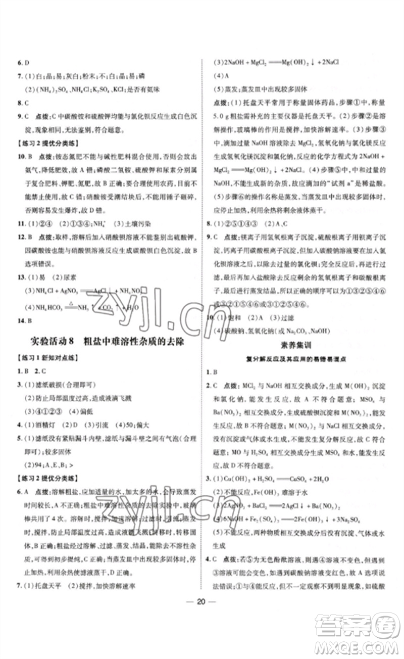 吉林教育出版社2023點(diǎn)撥訓(xùn)練九年級(jí)化學(xué)下冊(cè)人教版參考答案