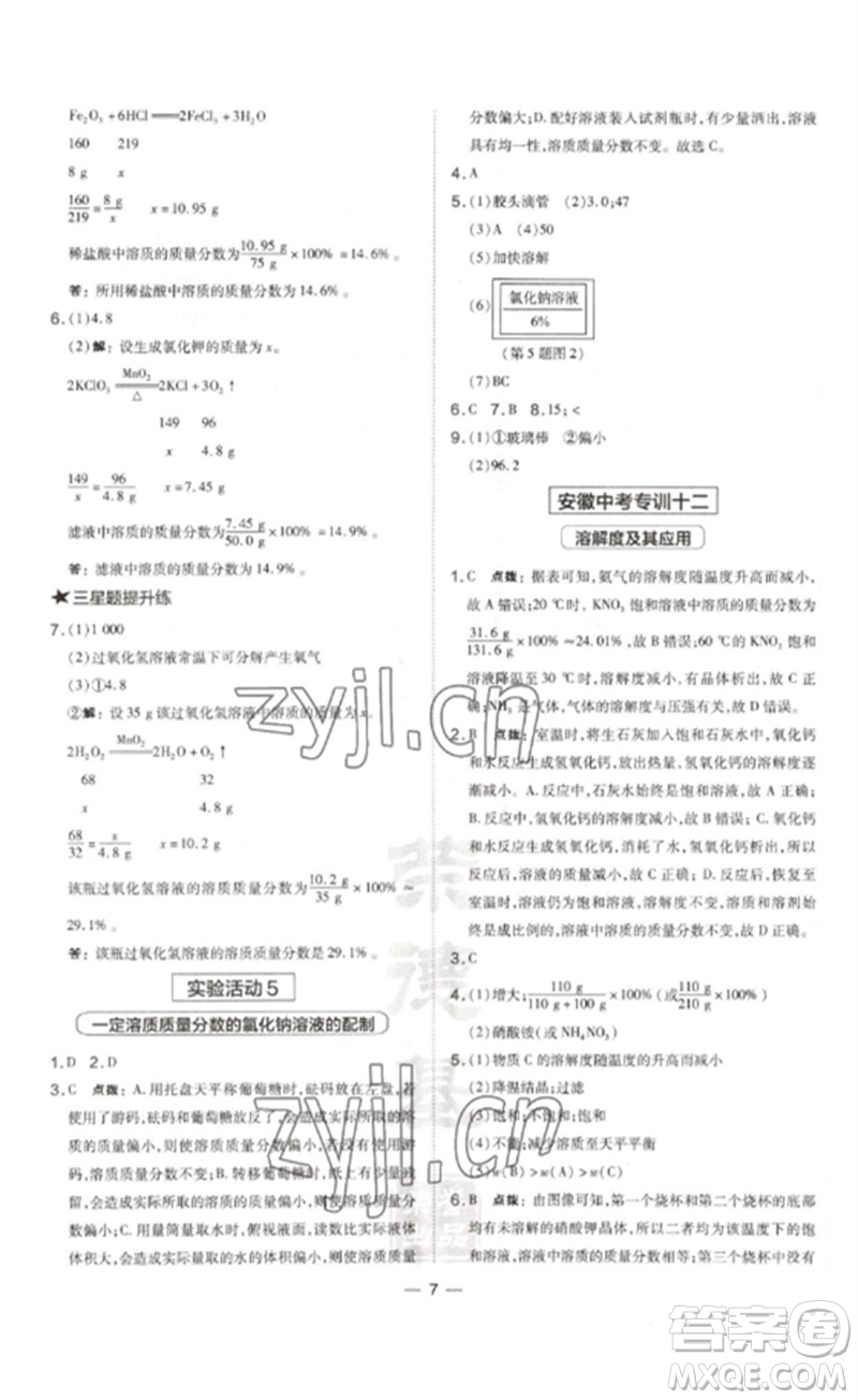 安徽教育出版社2023點(diǎn)撥訓(xùn)練九年級(jí)化學(xué)下冊(cè)人教版安徽專版參考答案