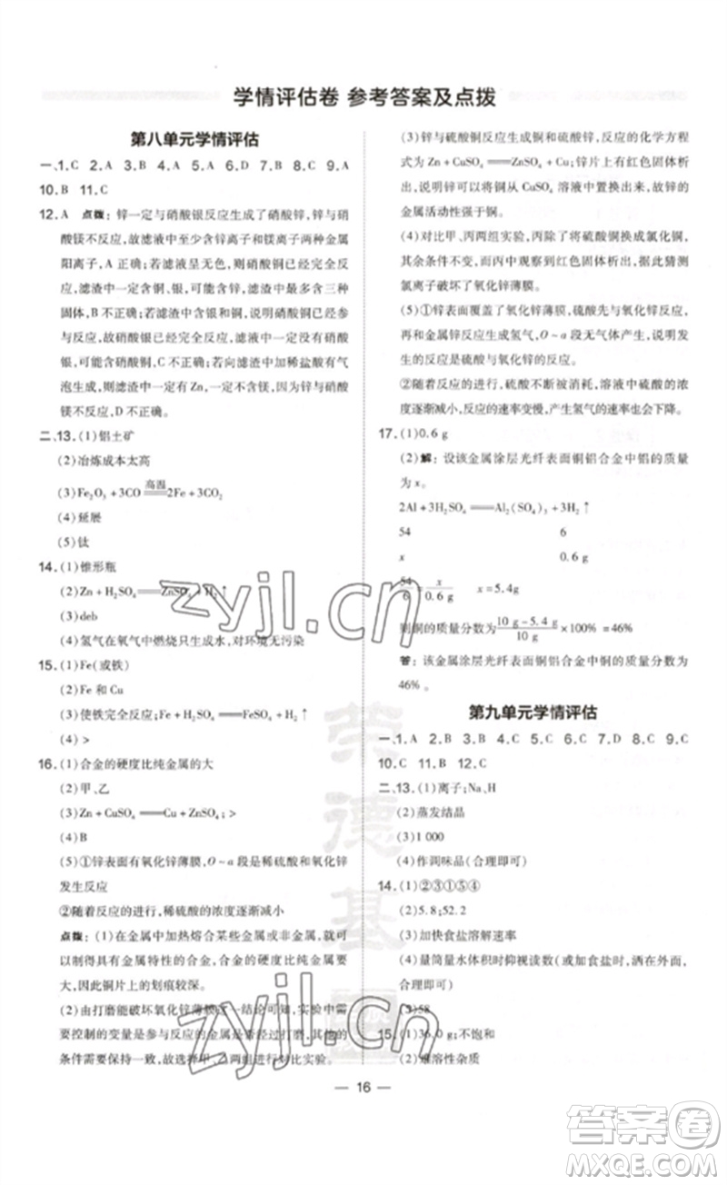 安徽教育出版社2023點(diǎn)撥訓(xùn)練九年級(jí)化學(xué)下冊(cè)人教版安徽專版參考答案